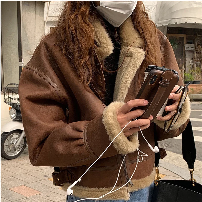 

2021wool Fleece Patchwork Faux Leather Jackets Women Winter Thicken Fur Pu Short Overcoat Female Loose Streetwear Vintage