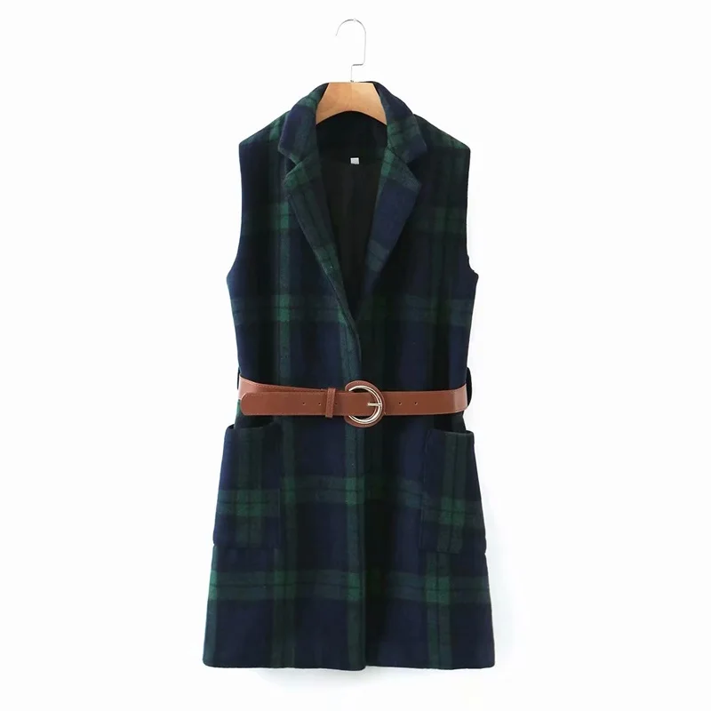 

ZXQJ женский коллекция 2021 года, модный зеленый жилет в клетку с поясом, винтажный жилет без рукавов с карманами, женский жилет, пальто для женщ...
