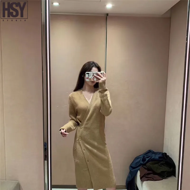 【HSY】 осенний высококачественный Женский шерстяной окрашенные пуговицы украшения длинный рукав v-образный вырез длинный кардиган, вязаный свитер платье 2 цвета