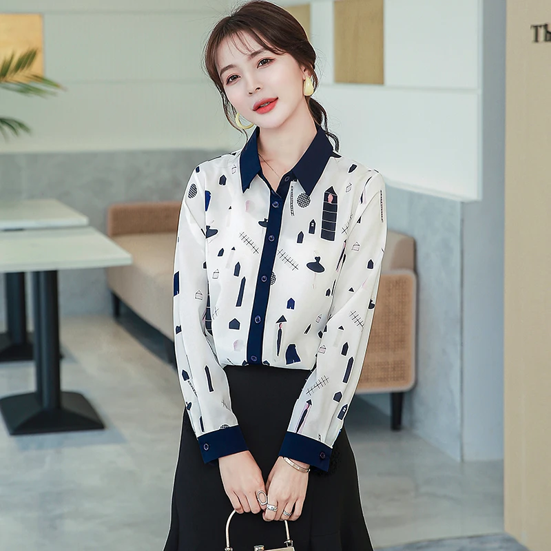 

Autumn New Women's Blouses Polo Shirt Long Sleeve Tops Splicing Printed Blouse Chiffon Casual Fashion Lady Loose