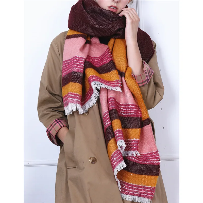 

New Bright Plaid Scarf for Aw2019. Women's Thickened Bright Silk Stripe Color Matching Cashmere Warm Shawl Scarf