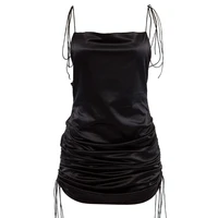 women sleeveless satin slim mini dress side ruched pleated drawstring cowl neck sexy backless beach party clubwear
