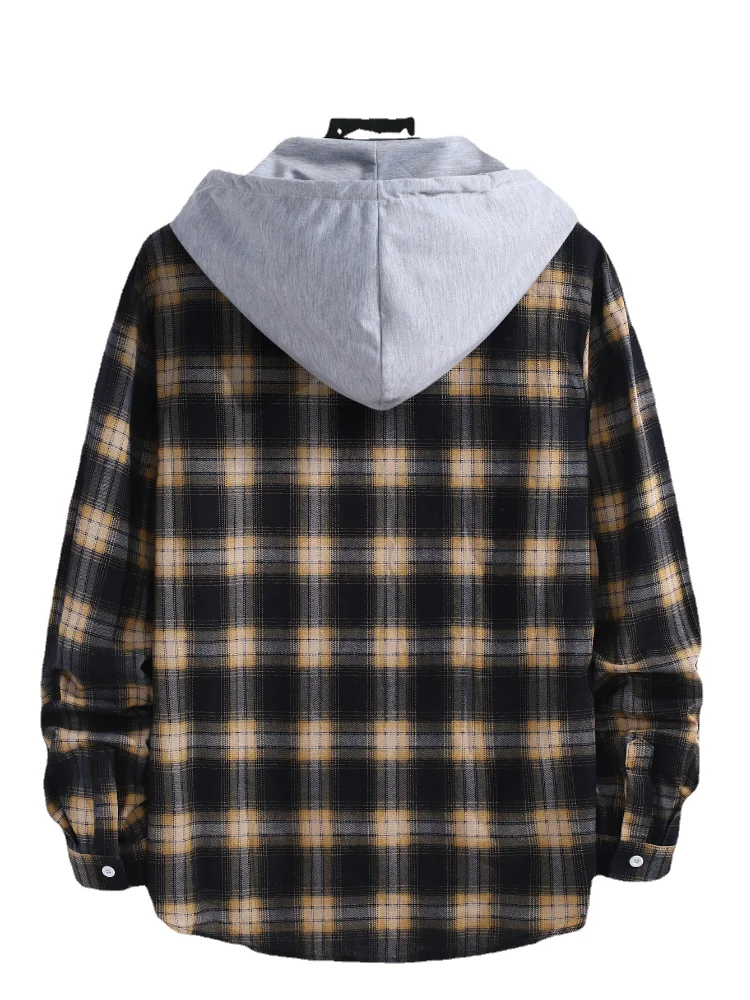 Plaid Hooded Mens Long Sleeved Shirt Korean Casual Loose Coat Cardigan Fashion Hip Hop Male Streetwear Sweartshirts Man Clothing