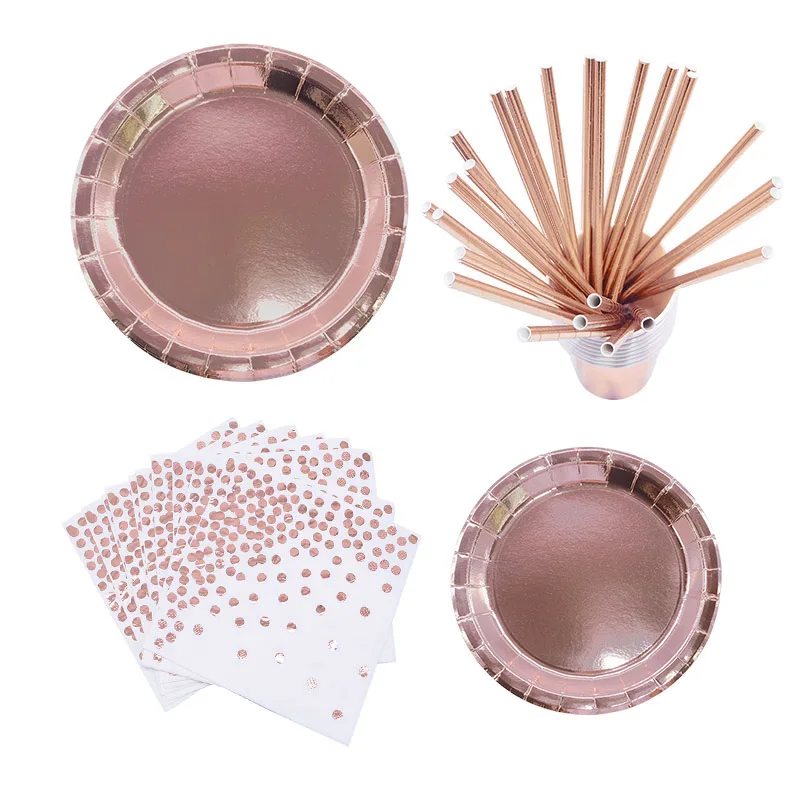 Набор одноразовой посуды из розового золота чашка полосатая соломенная салфетка
