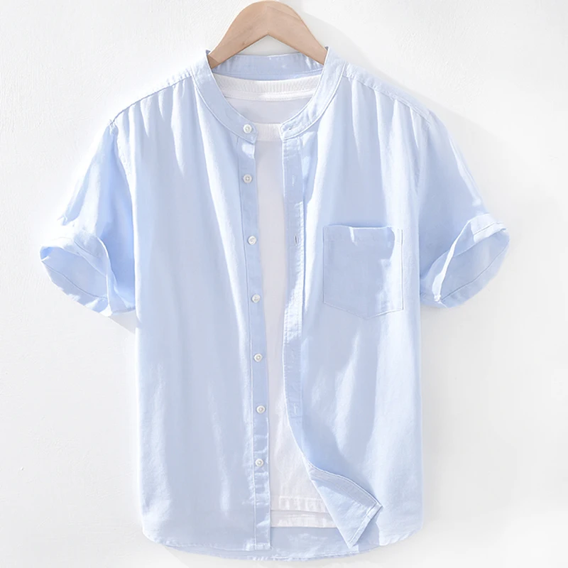 

Solid White Shirt for Men Summer New Cotton Linen Stand Collar Tops Male Casual Pocket Decoration Button Short Sleeve Hemp Shirt