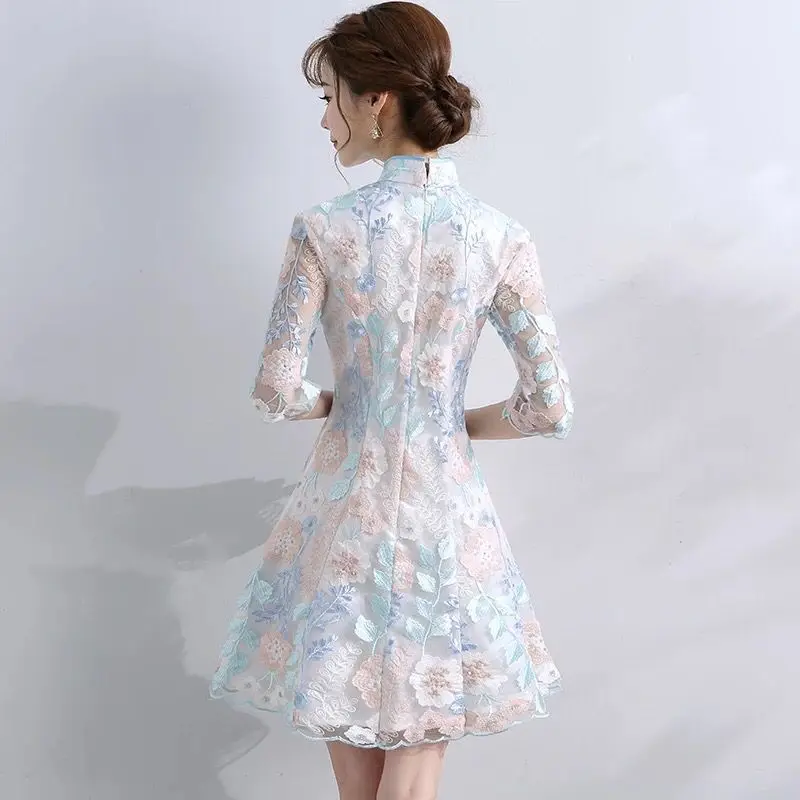 Пикантное синее китайское свадебное платье Qipao мини-Ципао модное короткое