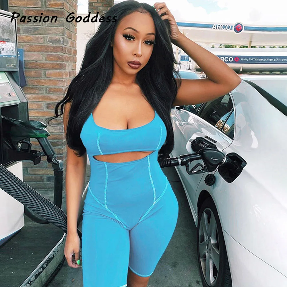 

Hollow Out Skinny Playsuit Women Blue Bodycon Rompers Female Street Elastic Hight Biker Shorts PlaysuitsOveralls Outfits Mujer
