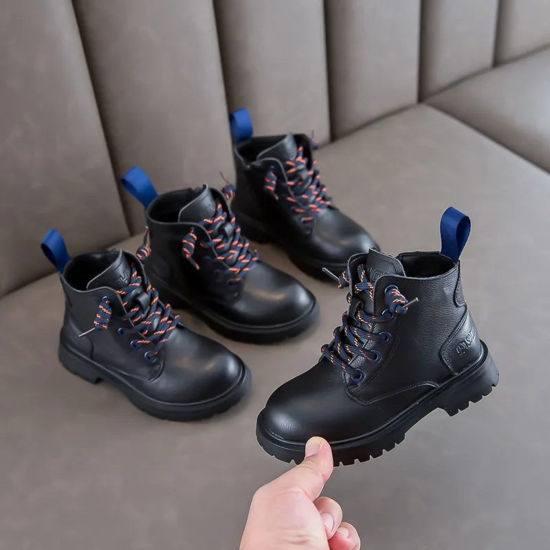 

Winter Children Genuine Leather Velvet Martin Boots Black Short Boots Children Shoes