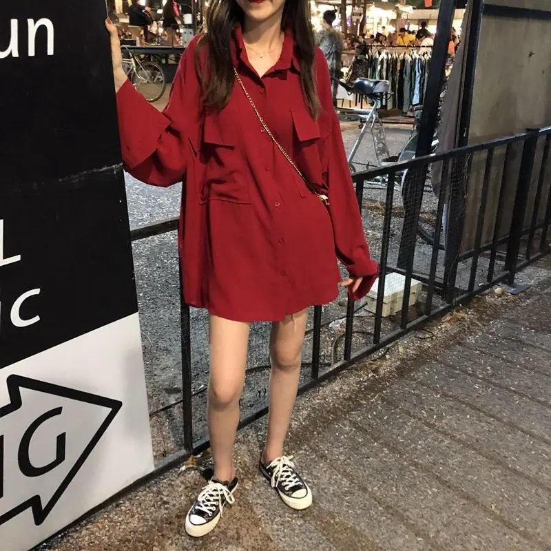 Autumn Womens Loose Blouse Shirts Blusas Long Sleeve Pockets Solid Oversized Blouses Vintage Women Tops Red Wine Outwear Femme |