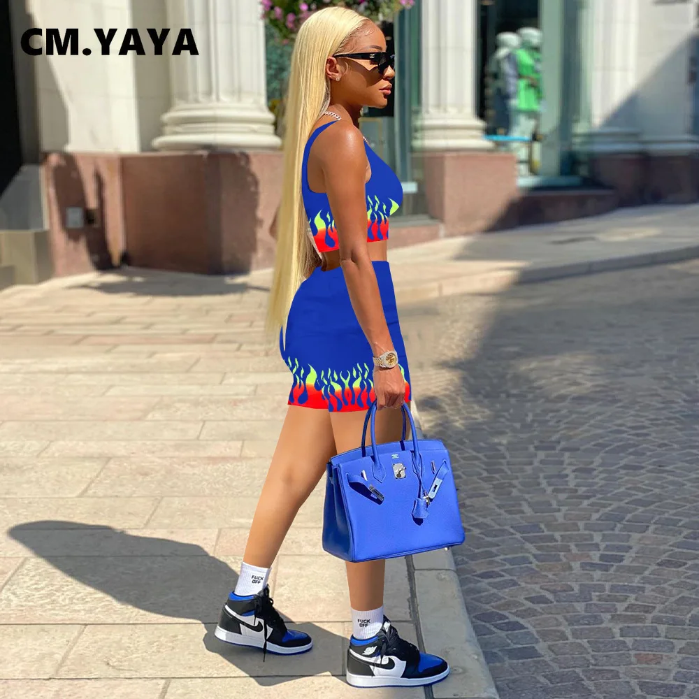 CM.YAYA Women Set Print O-neck Crop Tanks Tops Pockets Shorts Two 2 Piece Sets Active Tracksuit Casual Outfits Summer Sporty |