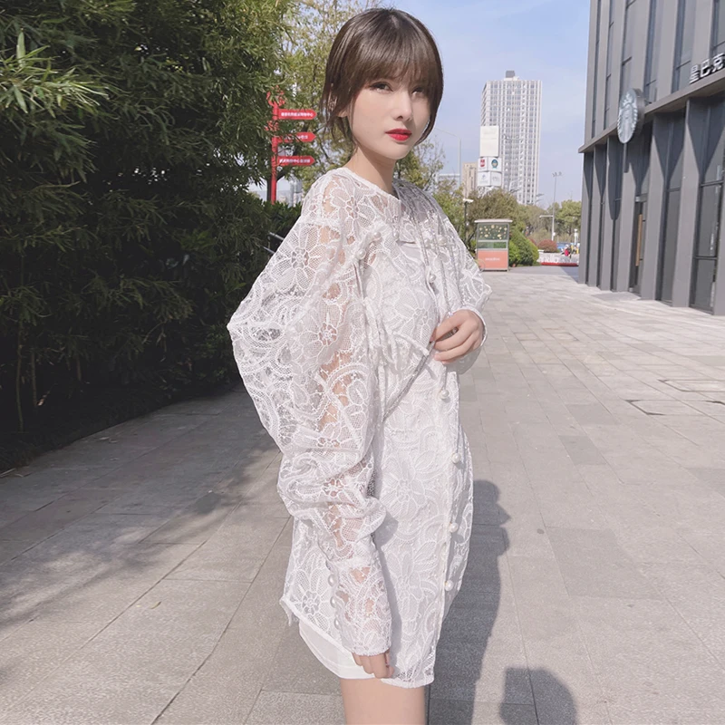 

VGH White Patchwork Lace Hollow Out Shirts For Women O Neck Long Sleeve Straight Korean Loose Blouses Female 2021 Summer Fashion