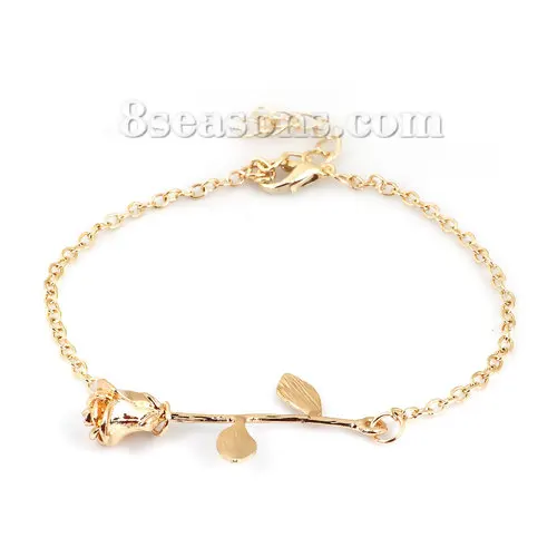F bracelet DoreenBeads модный эмалевый кулон для женщин, девушек, розовое золото, красный цветок розы, кулон 50 см(19 5/")-45 см(17 6/8"), длинный 1 шт - Metal Color: F bracelet