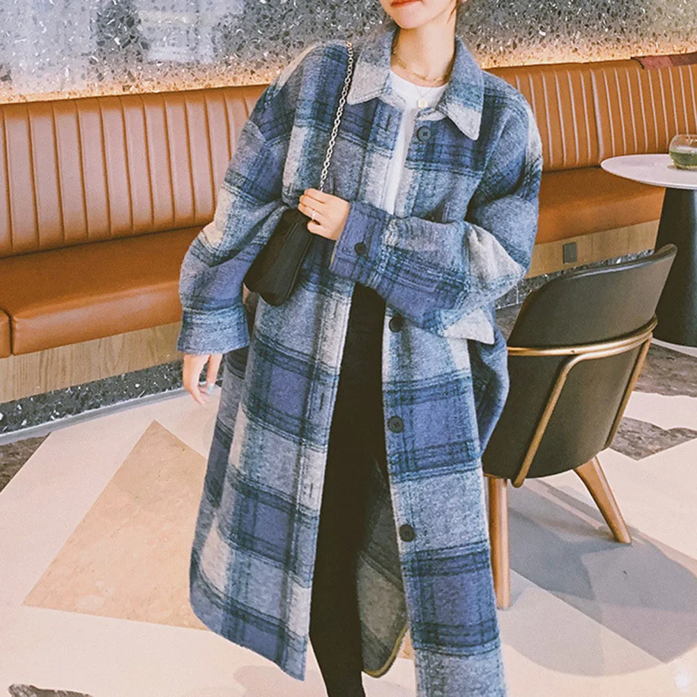 

Overcoat 2021 Autumn Winter New Korean Fashion Loose Casual Grid Women Coat Lapel Long Sleeve Temperament Simplicity