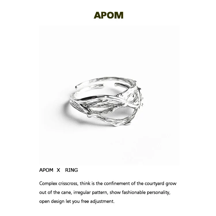 

[Apom] Closed Courtyard/925 Sterling Silver Niche Irregular Branch Open Ring Dark Style Men and Women Ring