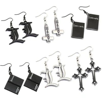 1 pair cute anime death note book pendant drop earrings stainless steel cross black double l earrings cosplay figure toys gifts
