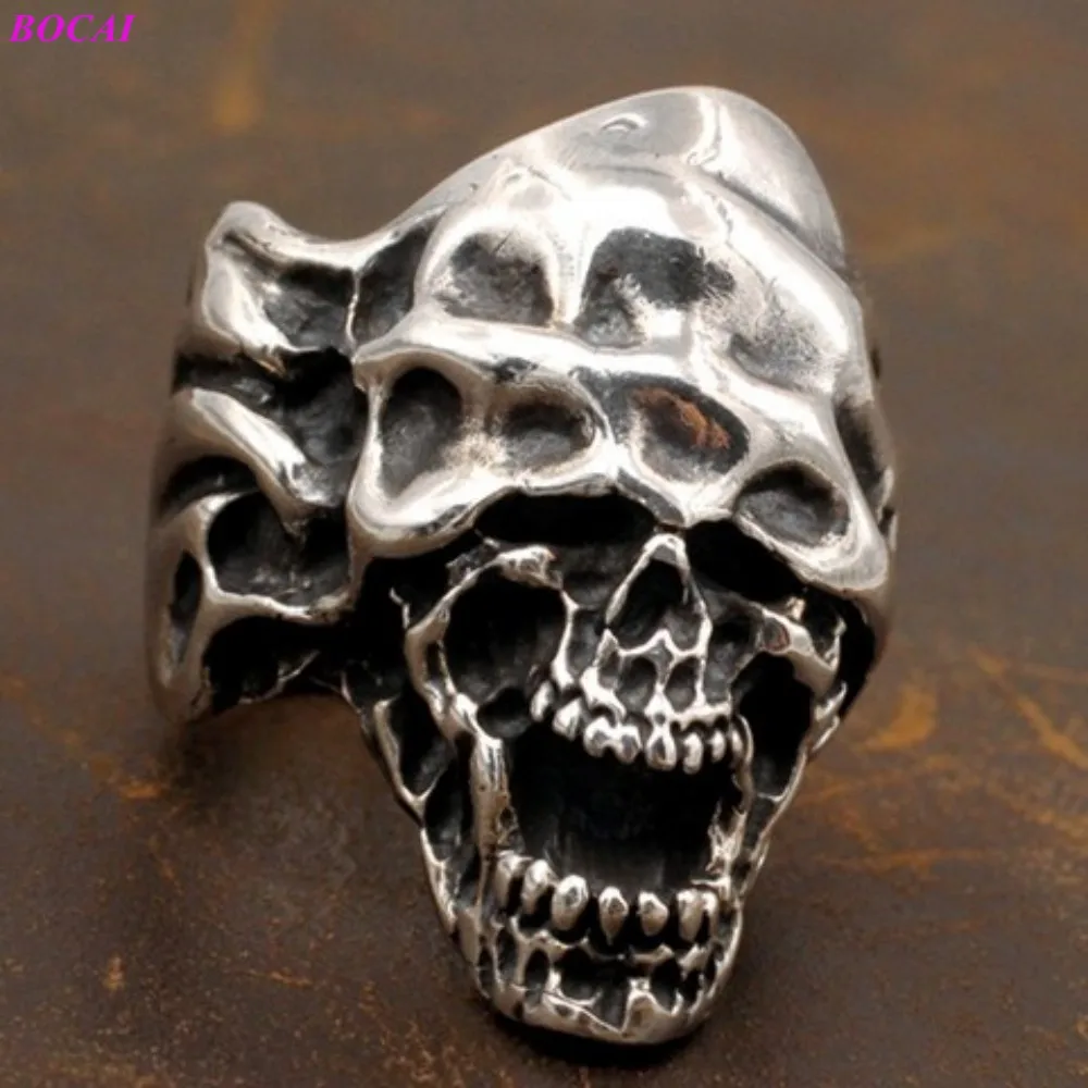 

BOCAI S925 Sterling Silver rings Skull retro Thai silver Handmade index finger male fashion personality hip hop man single rings