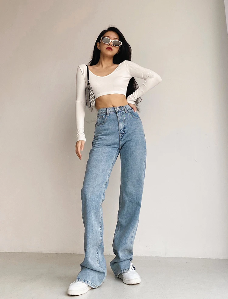 

2021 Spring and Autumn Slim Straight Slit Thin Denim Mopping Long Pants