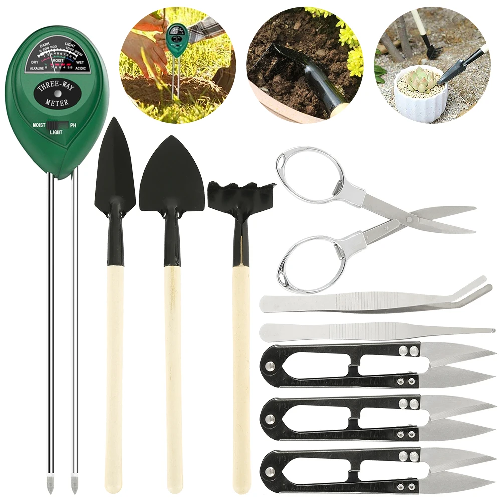 

10pcs Home Gardening Tool Set Transplanting Outdoor Bonsai Tools Soil Moisture Tester Rake Shovel Succulent Mini Gardening Tools