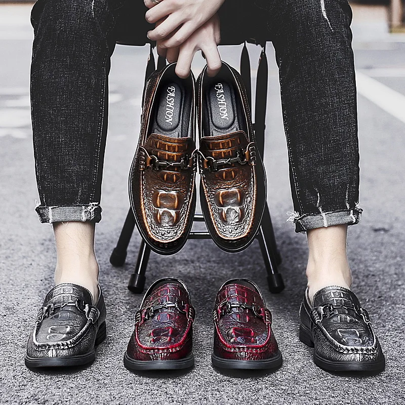 

New Crocodile Grain Leather Business Casual Shoes Non-slip Comfortable Outdoor Driving Shoes Loafers for Men Cow Suede Size38-47