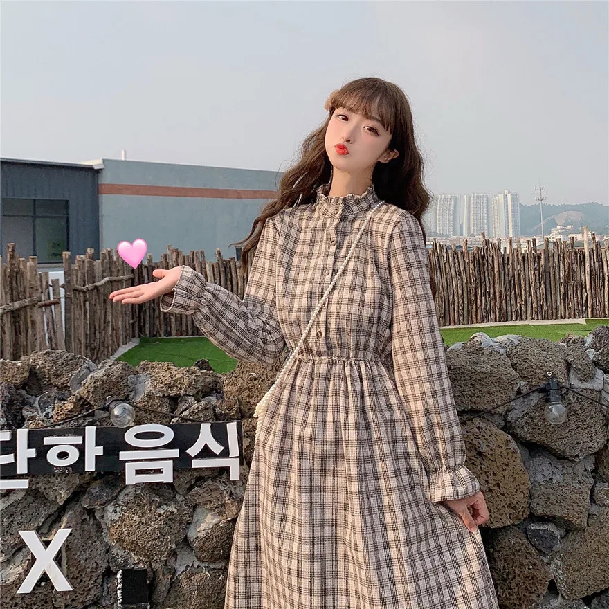 

Fresh long dress female sweet high waist plaid long sleeves Japanese sweet lolita dress vintage stand puff sleeve kawaii girl