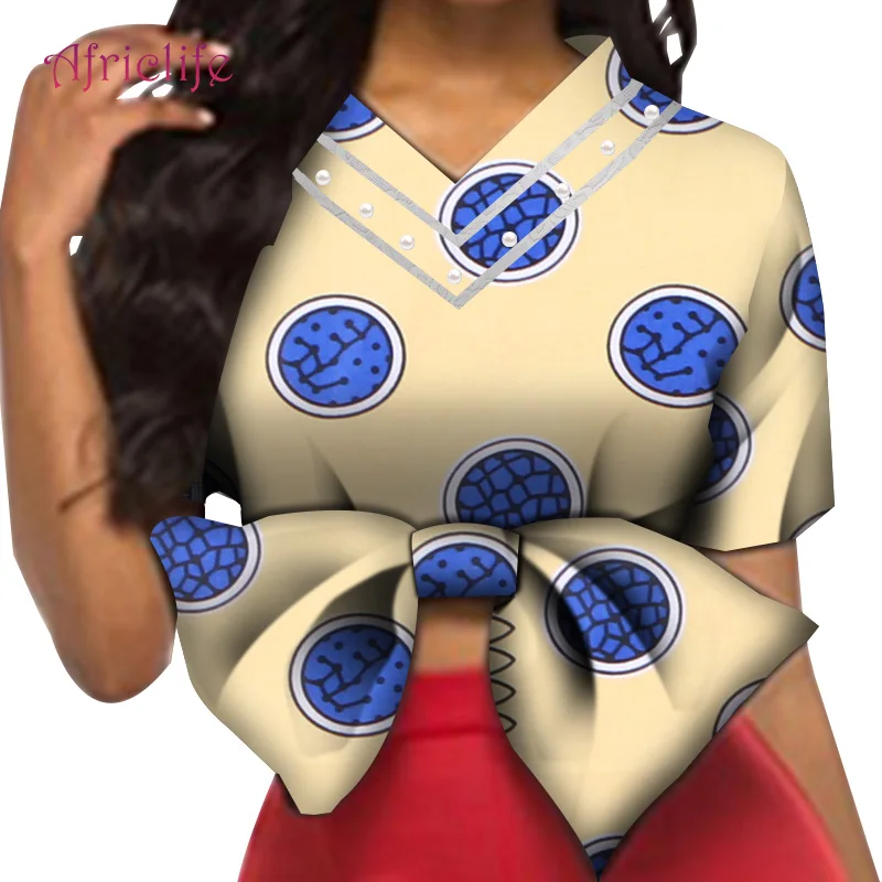 

Summer Short Top African Clothing Lady With Big Bow Pearls Wax Cotton Fabrics V Necklace Female T-Shirt WY5009