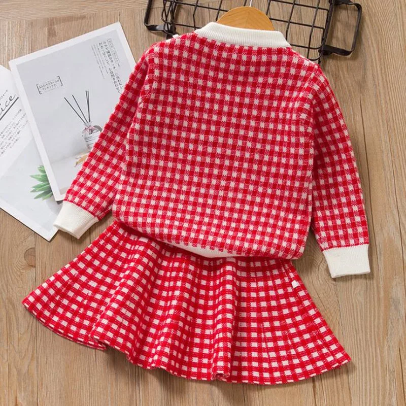 

Baby Girls Clothing Sets New Fall Plaid Knitted Suits Long Sleeve Plaid Jackets+Skits 2pieces for Kids Suits Girls Children Sets