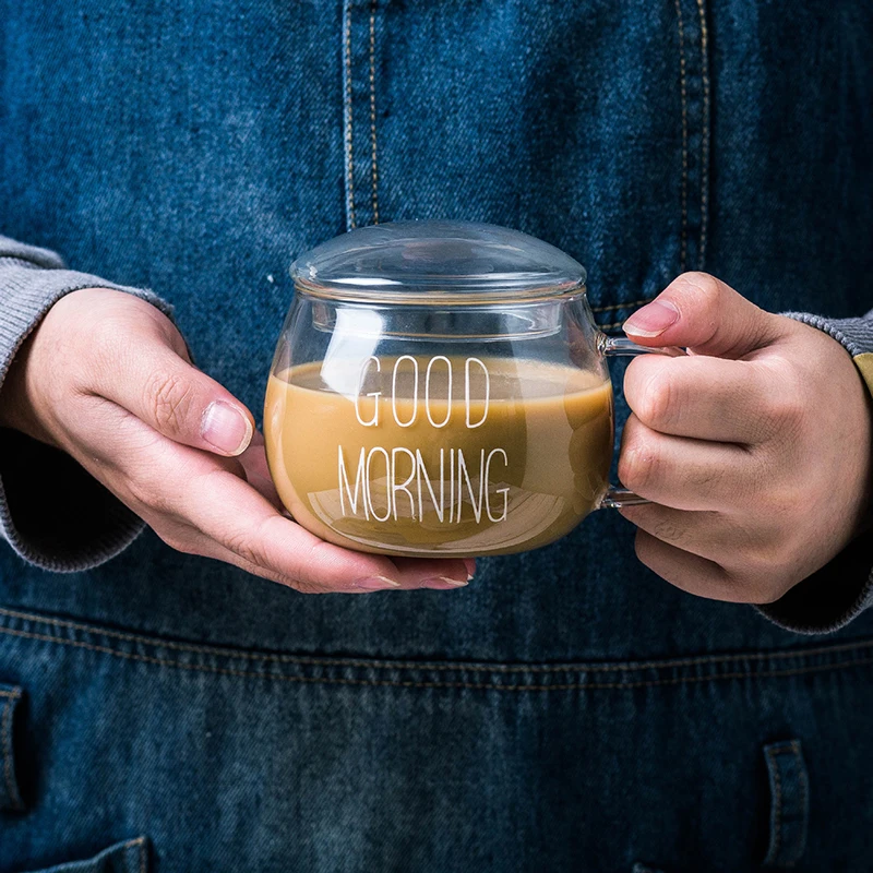 

Transparent Printed Letter Glass Coffee Tea Drinks Dessert Breakfast Milk Cup Glass Mugs Handle Drinkware Home Bar Accessories