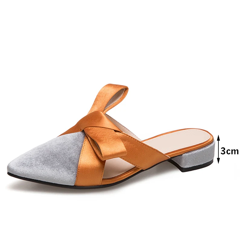 

New Design Woman Slippers Pointed Toe Bowtie Slides Sandals Female Low Heel Slippers Ladies Elegant Outside Footwear