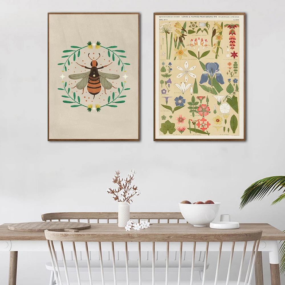 

Bumble Bee Poster Vintage Leaves Flowers Canvas Painting Botanical Art Print Abstract Wall Picture For Living Room Home Decor