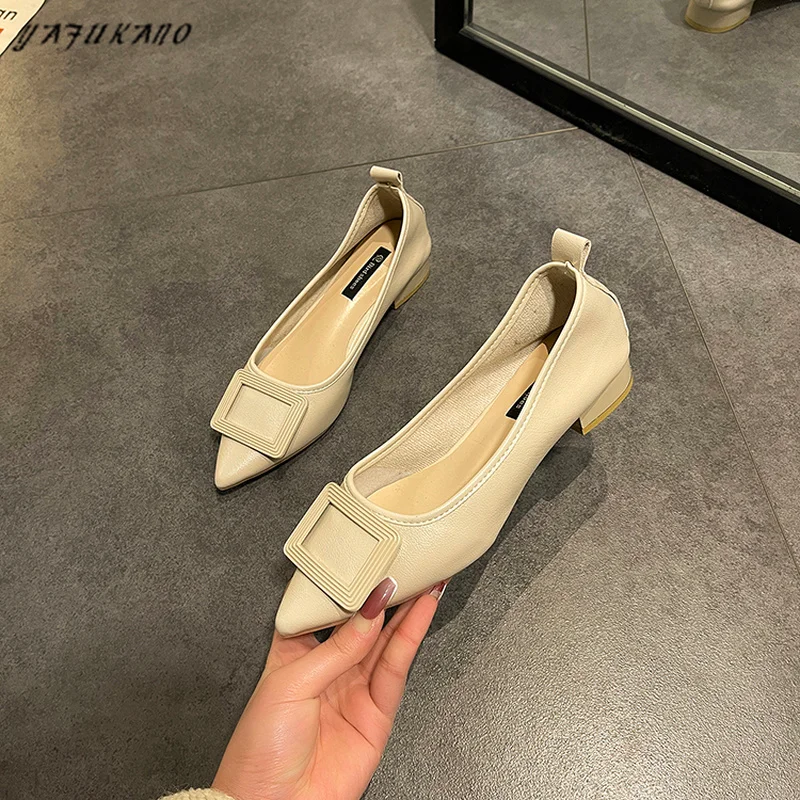 

Low Heel Single Shoes Womens Korean Version Square Buckle Point Toe Ladies Pumps Soft PU Leather High Heels Block Heels Shoes