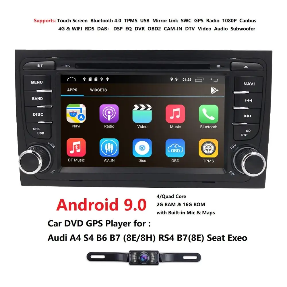 Camera1024* 600 4 ядра 2din Android 9,0 Автомобильный Dvd плеер для автомобиля Audi A4(8E/8н) 2000-2012 S4 RS4 B6 B7 сиденье Exeo gps Navi
