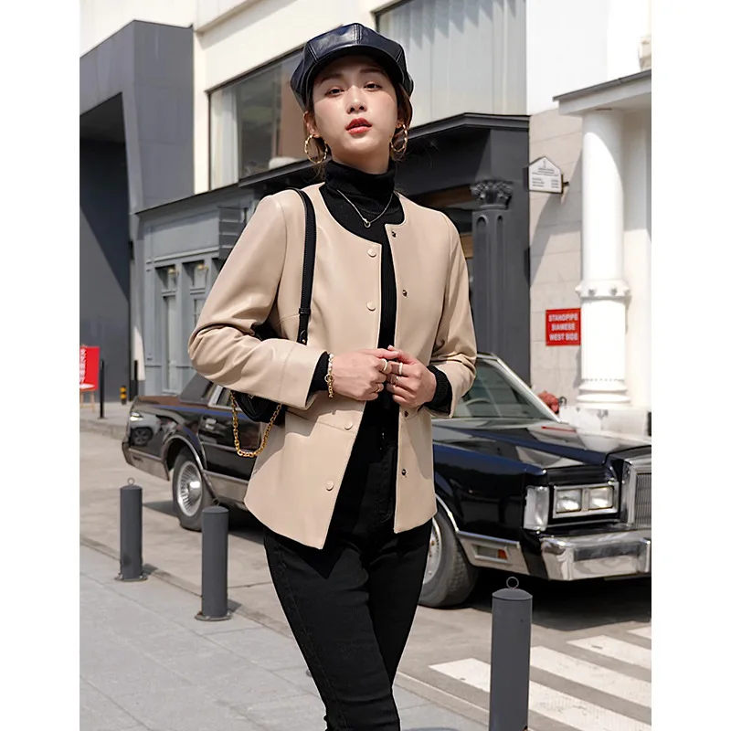 Spring Autumn Fashion New Sheepskin Jacket for Women Leather Casual Round Neck Khaki Sheath Short Covered Button High-end Coat
