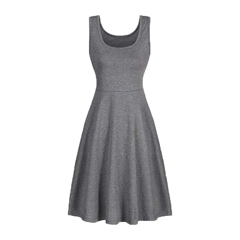 

Summer Women Knee Length Sleeveless O-neck Solid Color Ruched Big Hem Bodycon Midi Shirt Dress