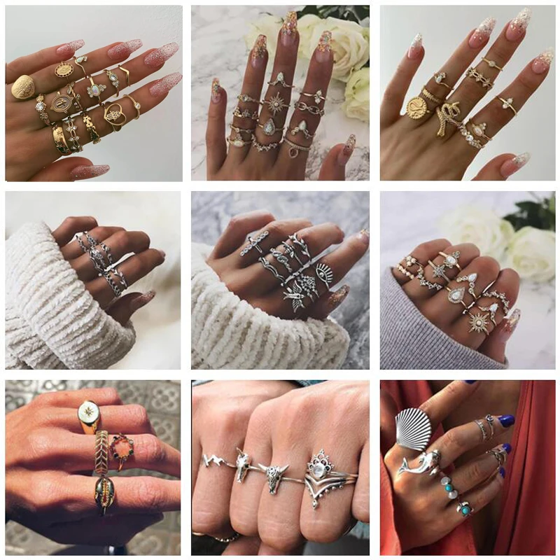 

2021 Women Ring Bohemia Crown Shell Flowers Snake Heart Hollow Geometric Animal High Quality Rings Sets Women Men Party Jewelry