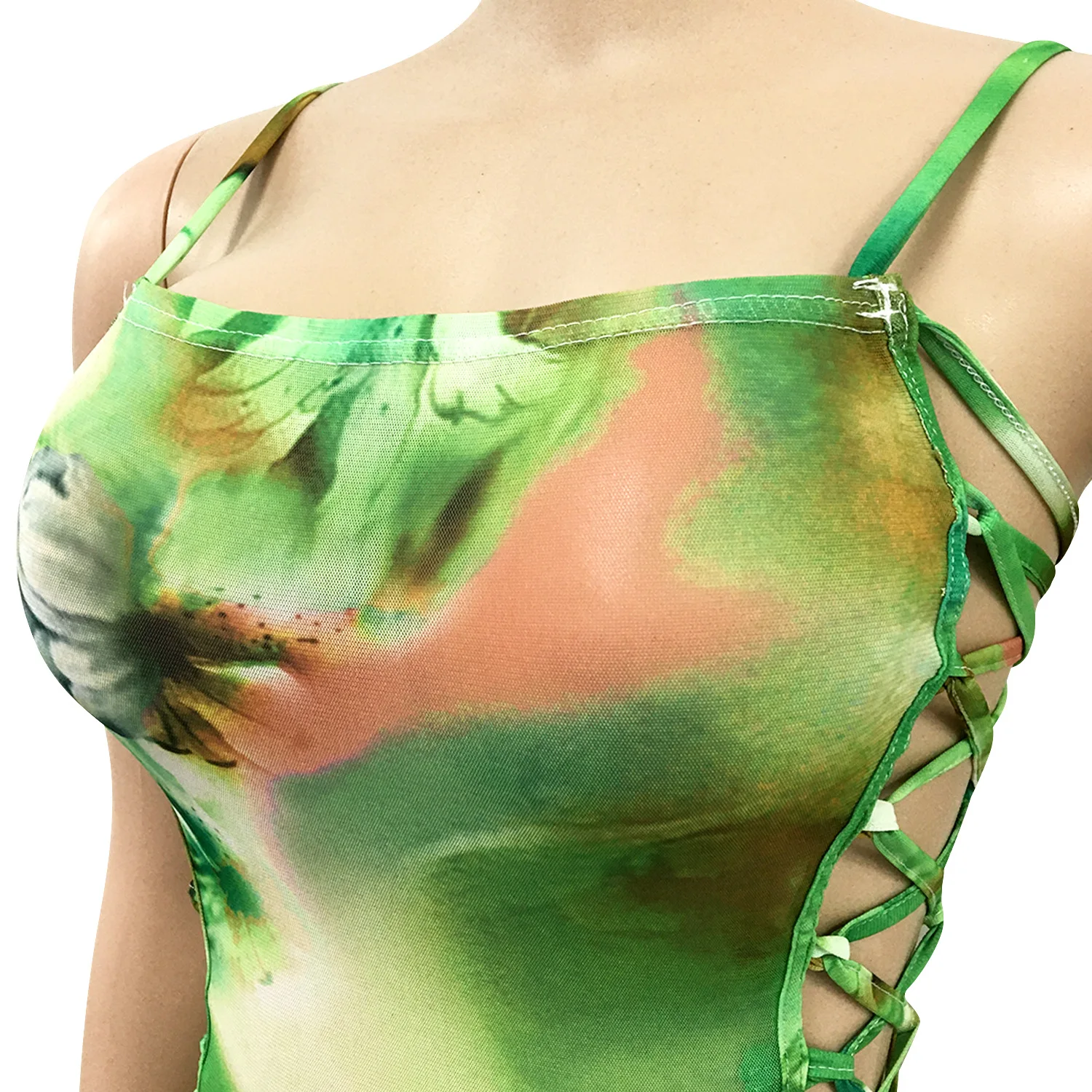 

2021 Women Vintage Yellow Tie dye Flower Sexy mesh perspective Dress Bandage hollow Slit Long Dresses Sling Vestido