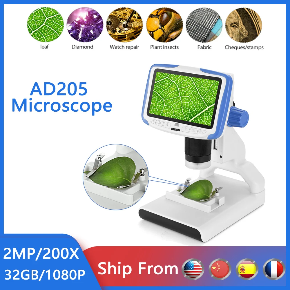 

AD205 Digital Microscope for Kids 2MP 200X Video Microscope with 5 Inch Display Plastic Stand Children Student Gift