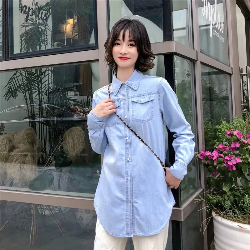 Женская джинсовая рубашка с длинным рукавом весна размера плюс