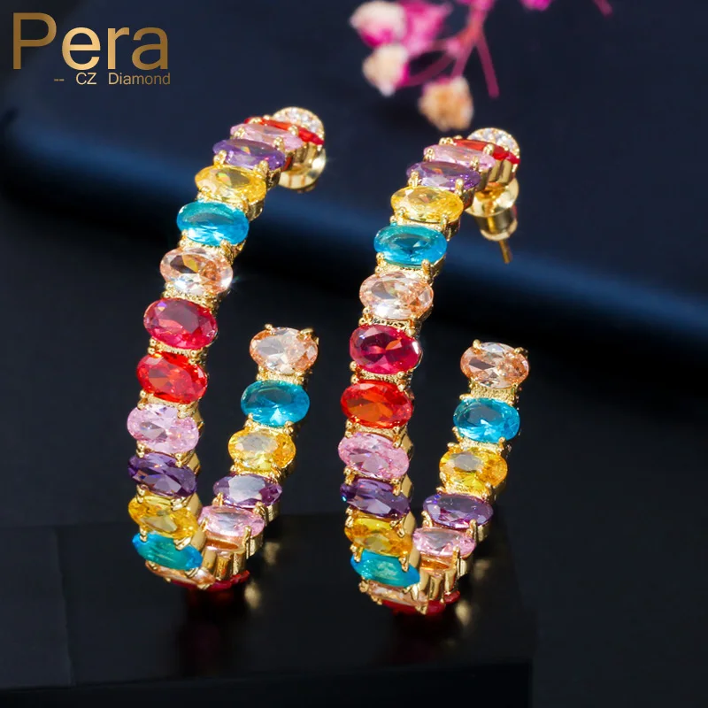 

Pera Multicolor Oval Cut Cubic Zirconia Yellow Gold Color Big Round Hoop Earrings for Ladies Christmas Party Ear Jewelry E476