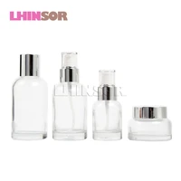 5pcslot high grade empty silver lid transparent glass spray lotion perfume bottles cream jars cosmetic packaging containers