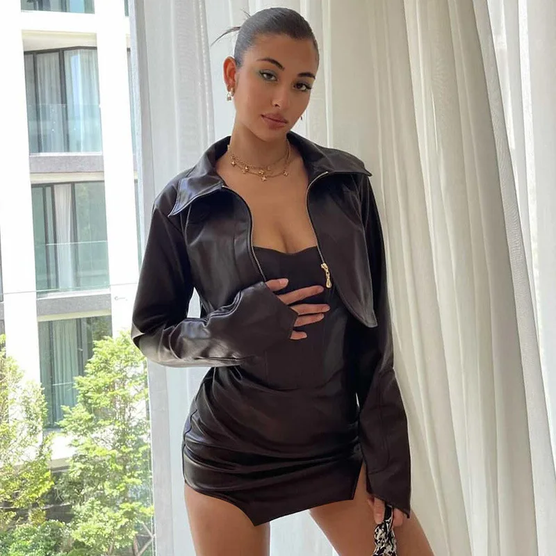 

Женское асимметричное платье из ПУ кожи, без бретелек, осень 2021