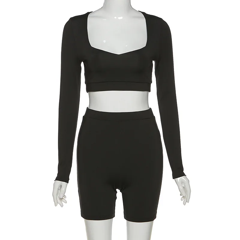 

New Women's Low-cut Sexy Slim Long Sleeve Two-piece Suit Gym Workout Cloth 2 Piece Set Running Cycling Women Outfits Streetwear