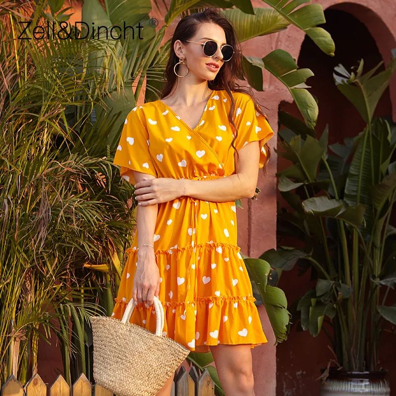 

Женское платье в стиле бохо Zell & dinзаписи, Элегантное повседневное желтое платье А-силуэта с коротким рукавом, V-образным вырезом и цветочным ...