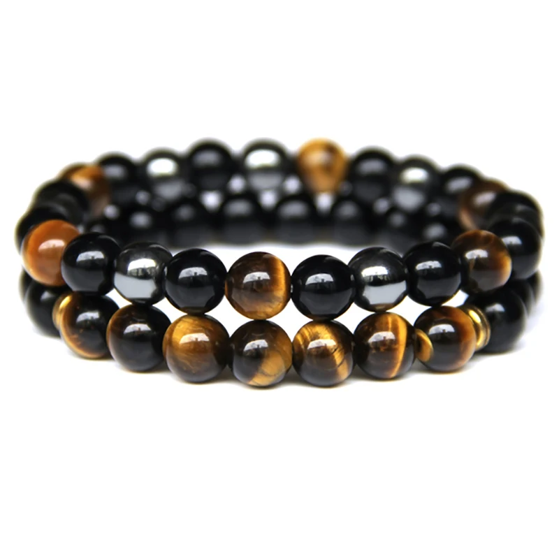 

Fashion 2pcs/set Men Bracelet 8mm Tiger Eye Stone Beads Bracelet Round Onyx and Hematite Energy Bracelet Jewelry for Women Men