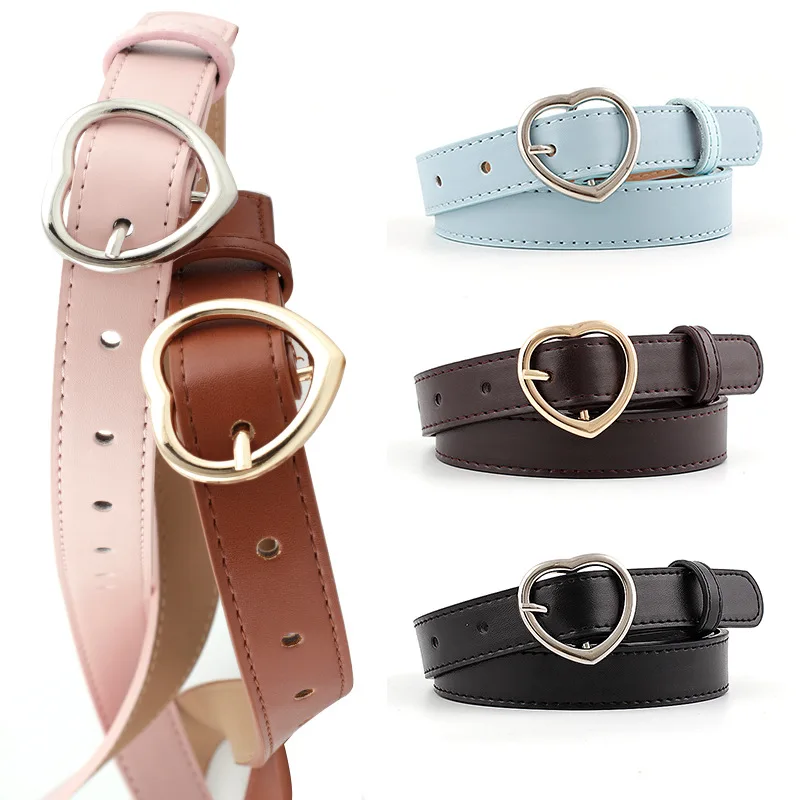 

Q Fashion Belts Decorative Accessories Thin Belt for Ladies Punk Style Heart-shaped PU 1Pcs Gold/Silver Adjustable