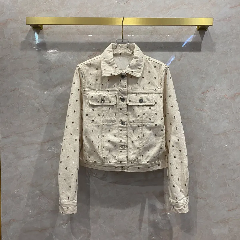 

Beige Denim Jackets Women High Quality 3D Cut Lapel Long Sleeve Jackets Luxury Brand Pig Nose Printed Denim Jackets Autumn 2021