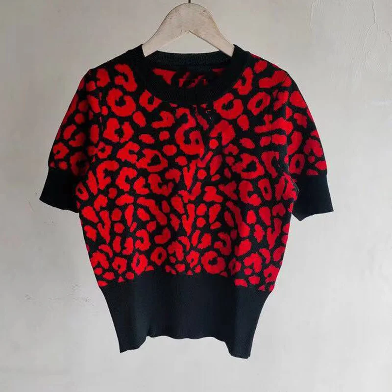 

She Beaty Runway 2021 Knitted Sweater Pullovers O-Neck Short Sleeve Yellow Leopard Casual High Street Summer Clothes Jumpers Top