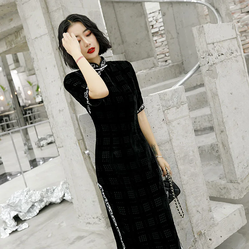 Осенне зимнее женское Платье новый стиль ретро Ципао длинный двойной бархатный