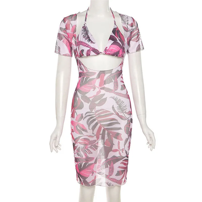 

2021 Summer Print Mesh Sheer Dress Women Fashion Short Sleeve High Waist See-through V-neck Beachwear Female Dress Vestidos Robe