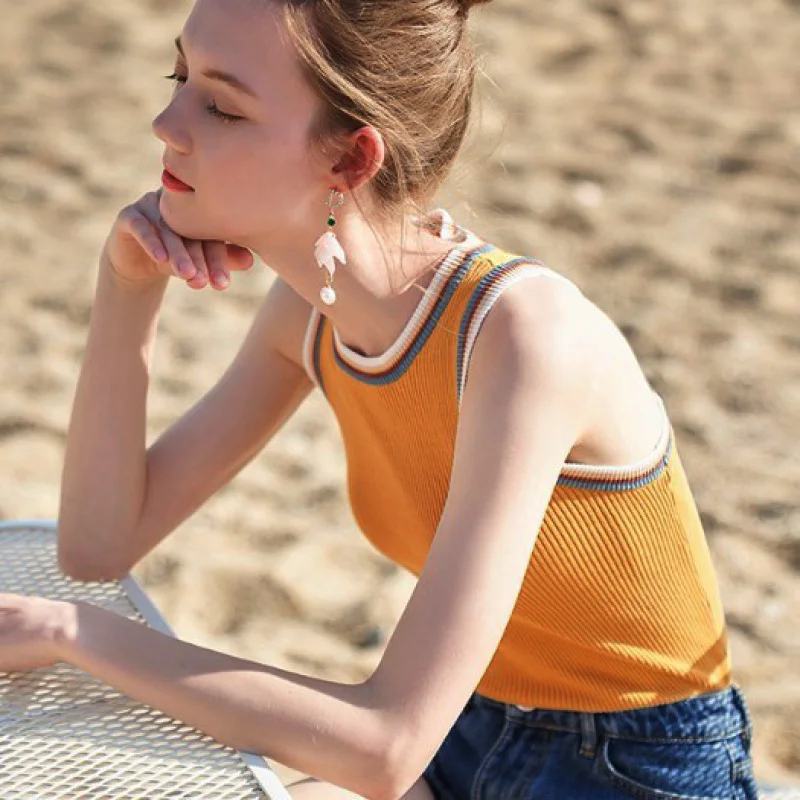 women Striped Color collision knitted vest female lady Girls suspenders waistcoats thin summer ice silk sleeveless Tank Tops