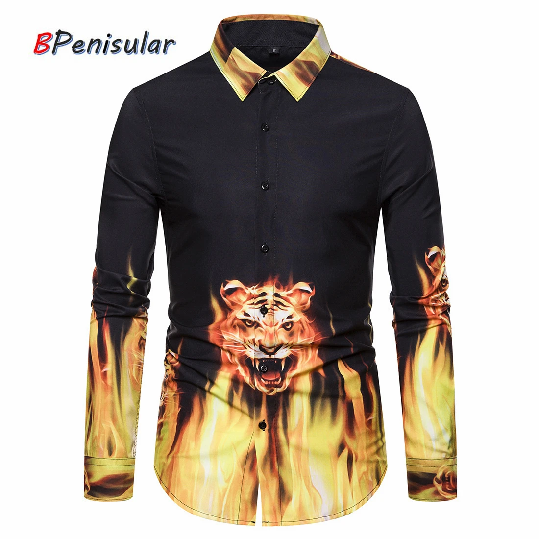 

Large Size 2020 Spring Men Casual Shirts Trendy Long Sleeve Shirt Animal Roaring Tiger Fire Print Shirt Punk Black Golden Shirt